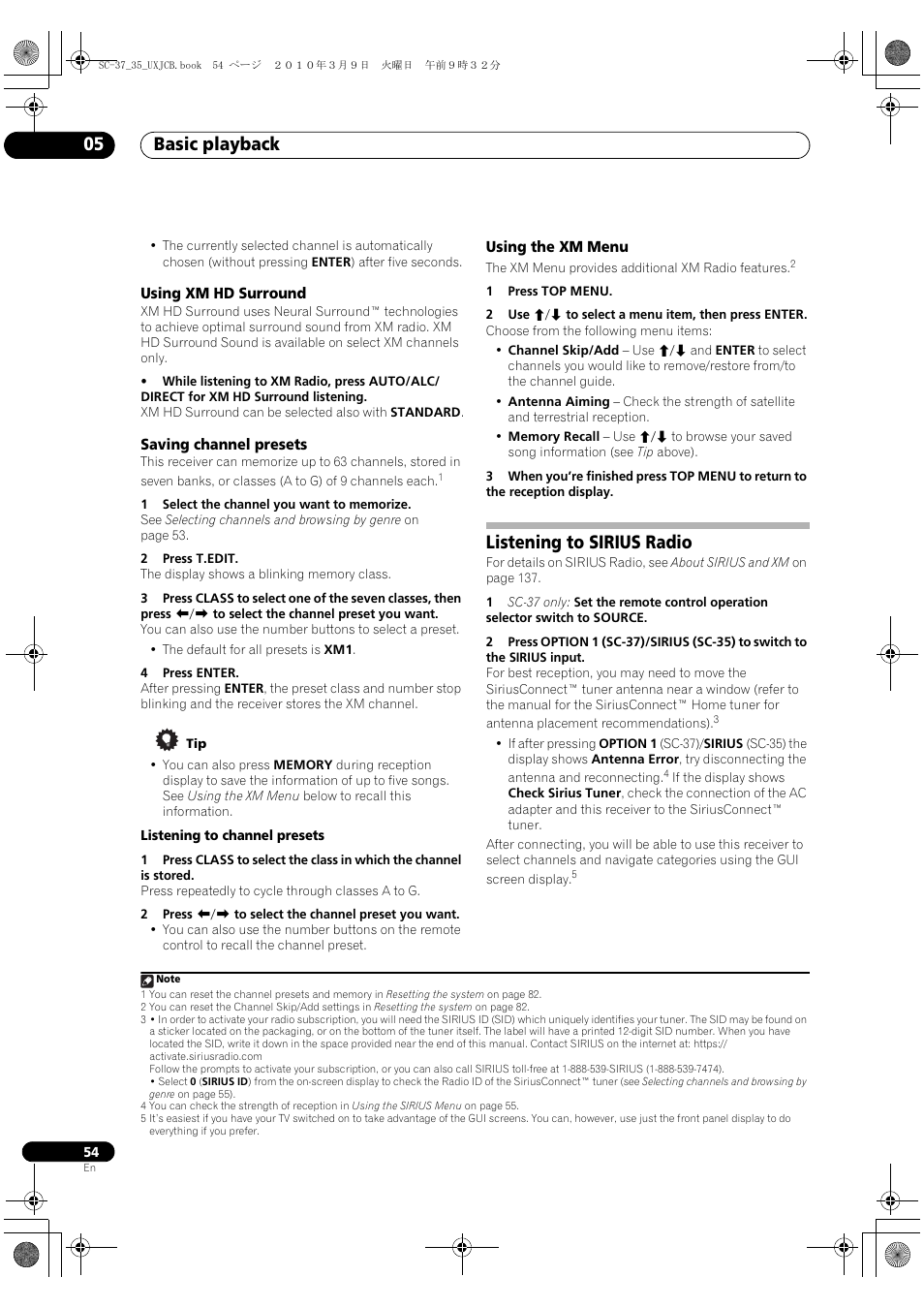 Using xm hd surround, Saving channel presets, Using the xm menu | Listening to sirius radio, Basic playback 05 | Pioneer Elite SC-35 User Manual | Page 54 / 148