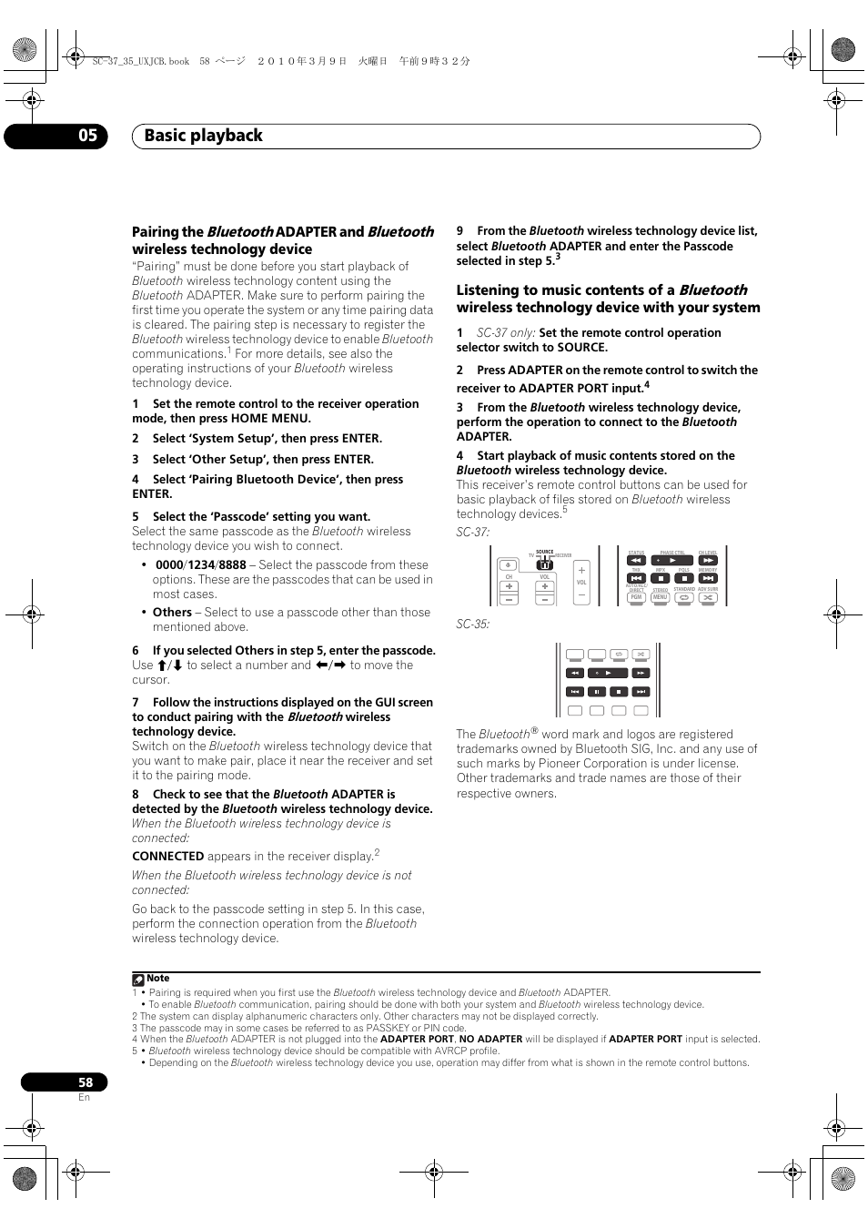 Basic playback 05, Bluetooth, Pairing the | Adapter and, Wireless technology device, Listening to music contents of a, Wireless technology device with your system | Pioneer Elite SC-35 User Manual | Page 58 / 148