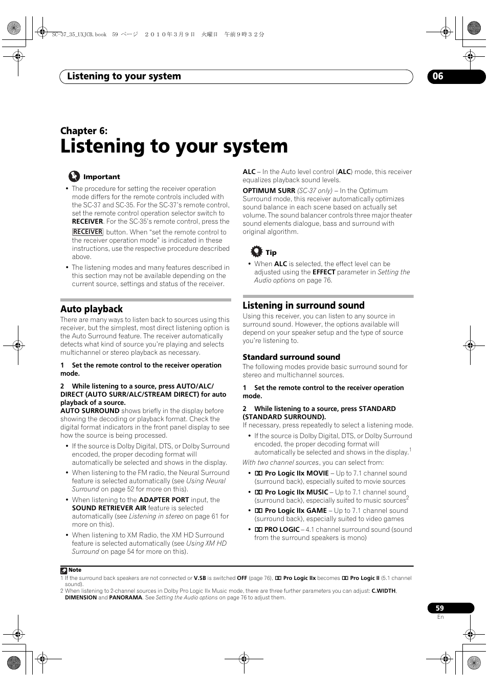 Listening to your system, Auto playback, Listening in surround sound | Standard surround sound, 06 listening to your system, Auto playback listening in surround sound, Listening to your system 06, Chapter 6 | Pioneer Elite SC-35 User Manual | Page 59 / 148