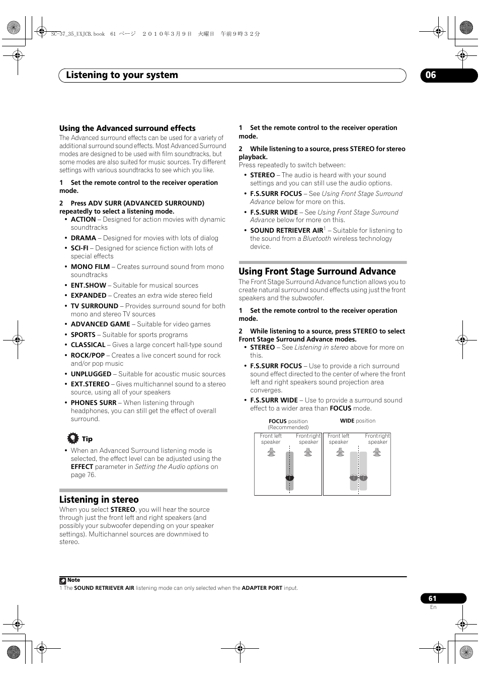 Using the advanced surround effects, Listening in stereo, Using front stage surround advance | Listening to your system 06 | Pioneer Elite SC-35 User Manual | Page 61 / 148