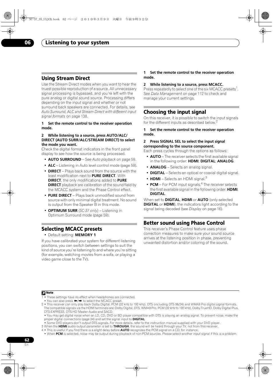 Using stream direct, Selecting mcacc presets, Choosing the input signal | Better sound using phase control, Listening to your system 06 | Pioneer Elite SC-35 User Manual | Page 62 / 148