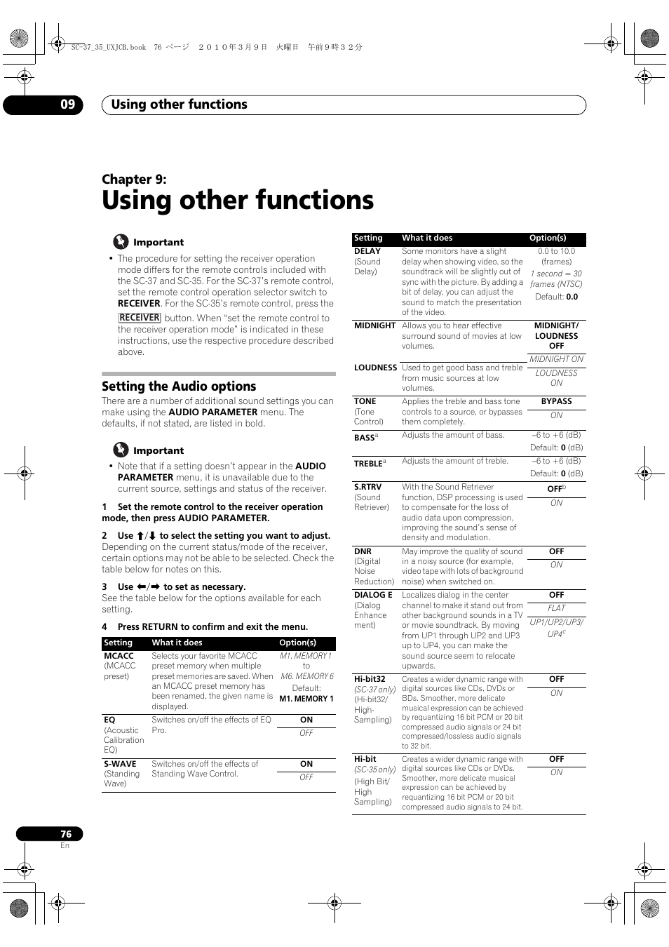 Using other functions, Setting the audio options, 09 using other functions | Using other functions 09, Chapter 9 | Pioneer Elite SC-35 User Manual | Page 76 / 148