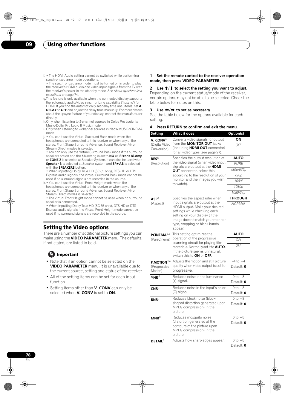 Setting the video options, Using other functions 09 | Pioneer Elite SC-35 User Manual | Page 78 / 148