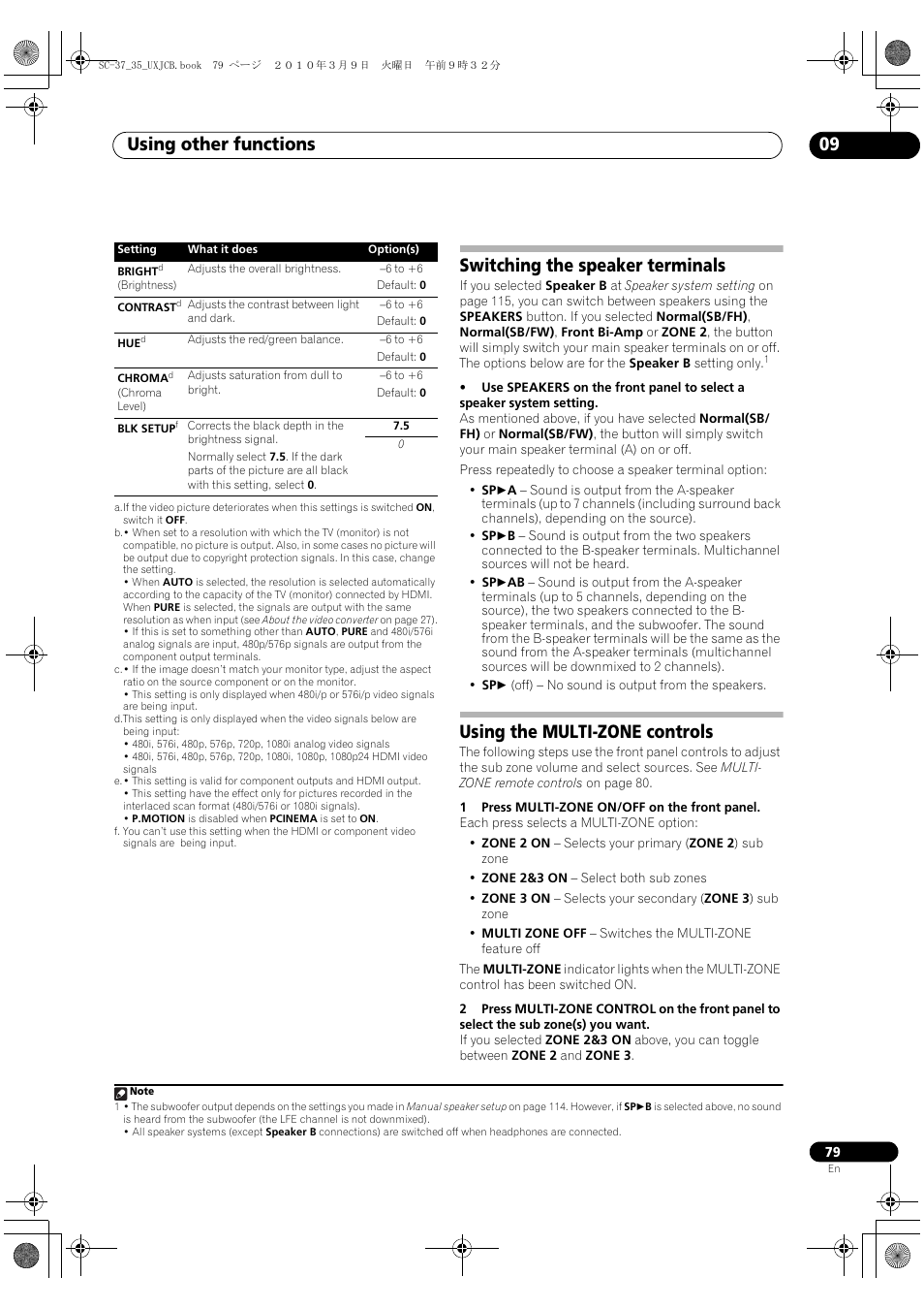 Switching the speaker terminals, Using the multi-zone controls, Using other functions 09 | Pioneer Elite SC-35 User Manual | Page 79 / 148