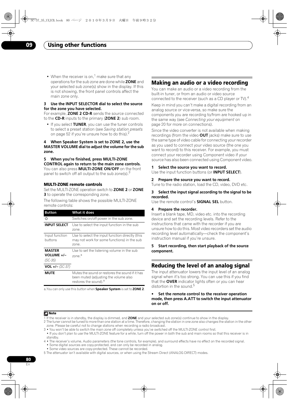 Making an audio or a video recording, Reducing the level of an analog signal, Using other functions 09 | Pioneer Elite SC-35 User Manual | Page 80 / 148