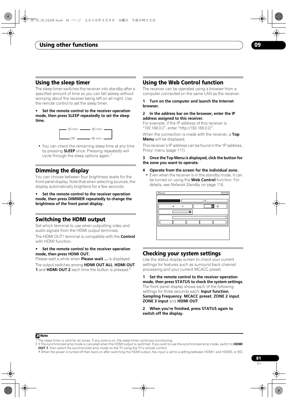 Using the sleep timer, Dimming the display, Switching the hdmi output | Using the web control function, Checking your system settings, Using other functions 09 | Pioneer Elite SC-35 User Manual | Page 81 / 148