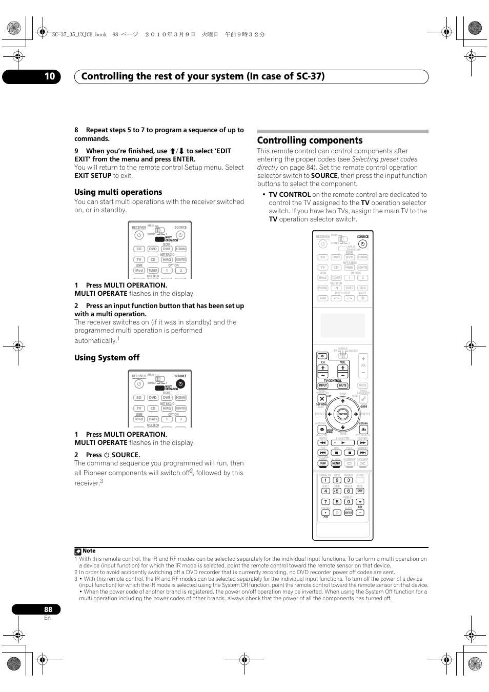 Using multi operations, Using system off, Controlling components | Using multi operations using system off, Followed by this receiver | Pioneer Elite SC-35 User Manual | Page 88 / 148