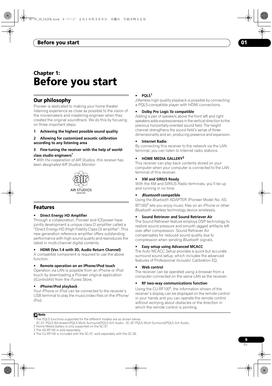 Before you start, Our philosophy, Features | 01 before you start, Our philosophy features, Before you start 01, Chapter 1 | Pioneer Elite SC-35 User Manual | Page 9 / 148