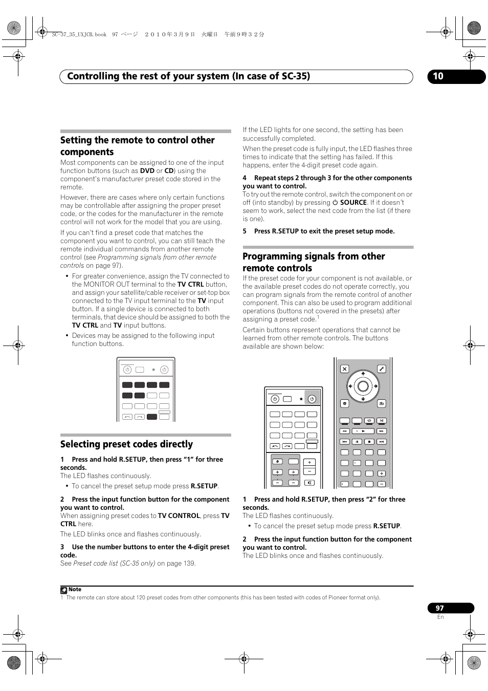 Setting the remote to control other components, Selecting preset codes directly, Programming signals from other remote controls | Pioneer Elite SC-35 User Manual | Page 97 / 148