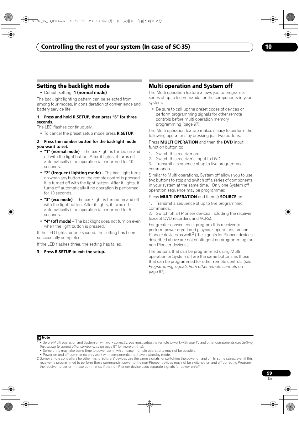 Setting the backlight mode, Multi operation and system off | Pioneer Elite SC-35 User Manual | Page 99 / 148