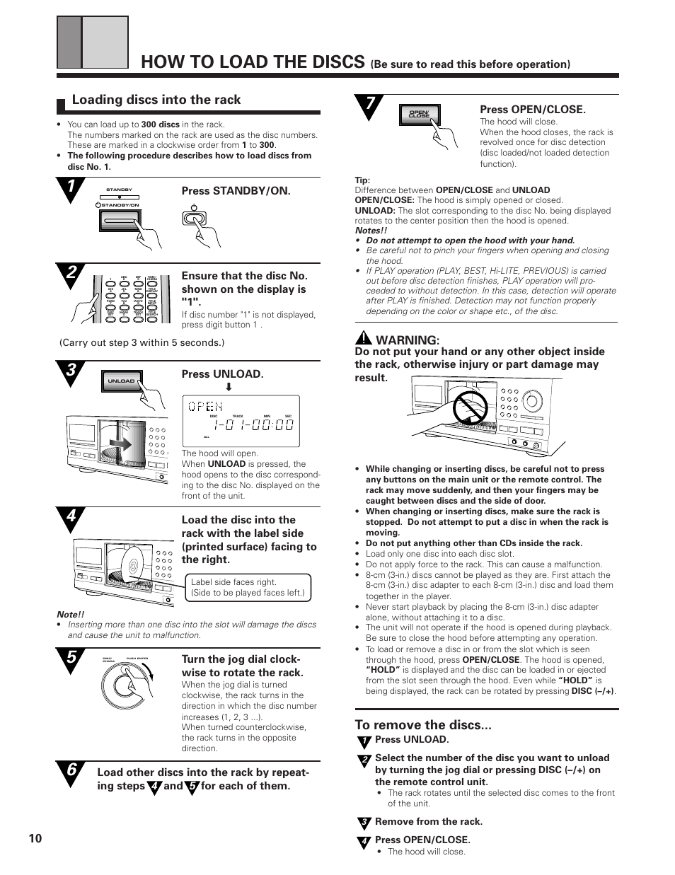 How to load the discs, Loading discs into the rack, Warning | Press open/close, Be sure to read this before operation), Press unload, Turn the jog dial clock- wise to rotate the rack, Remove from the rack. press open/close, 301–disc, Carry out step 3 within 5 seconds.) | Pioneer PD-F19PD-F27 User Manual | Page 10 / 28