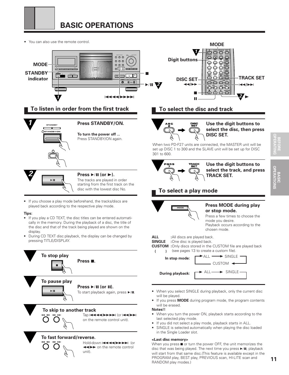 Basic operations, Press mode during play or stop mode, Press standby/on | Press 6 (or 3 ), Mode, Digit buttons mode 7 8 track set, 3disc set 2, Standby indicator 1 2, Mode disc/ chara direct custom push enter, Clear program random chara time | Pioneer PD-F19PD-F27 User Manual | Page 11 / 28