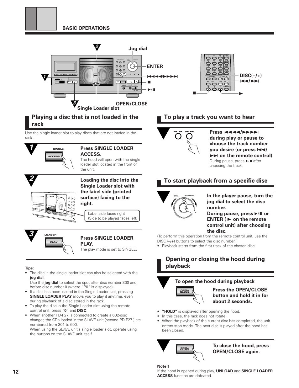 Playing a disc that is not loaded in the rack, Opening or closing the hood during playback, Basic operations | Open/close single loader slot, Press single loader access, Press single loader play, Jog dial, Mode disc/ chara direct custom push enter, Clear program random chara time, Title search input display | Pioneer PD-F19PD-F27 User Manual | Page 12 / 28