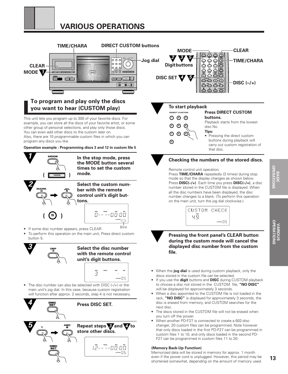 Various operations, Time/chara, Direct custom buttons | Checking the numbers of the stored discs, Mode disc/ chara direct custom push enter, Clear program random chara time, Title search input display, Phones level min max keybord input direct custom, Press direct custom buttons | Pioneer PD-F19PD-F27 User Manual | Page 13 / 28