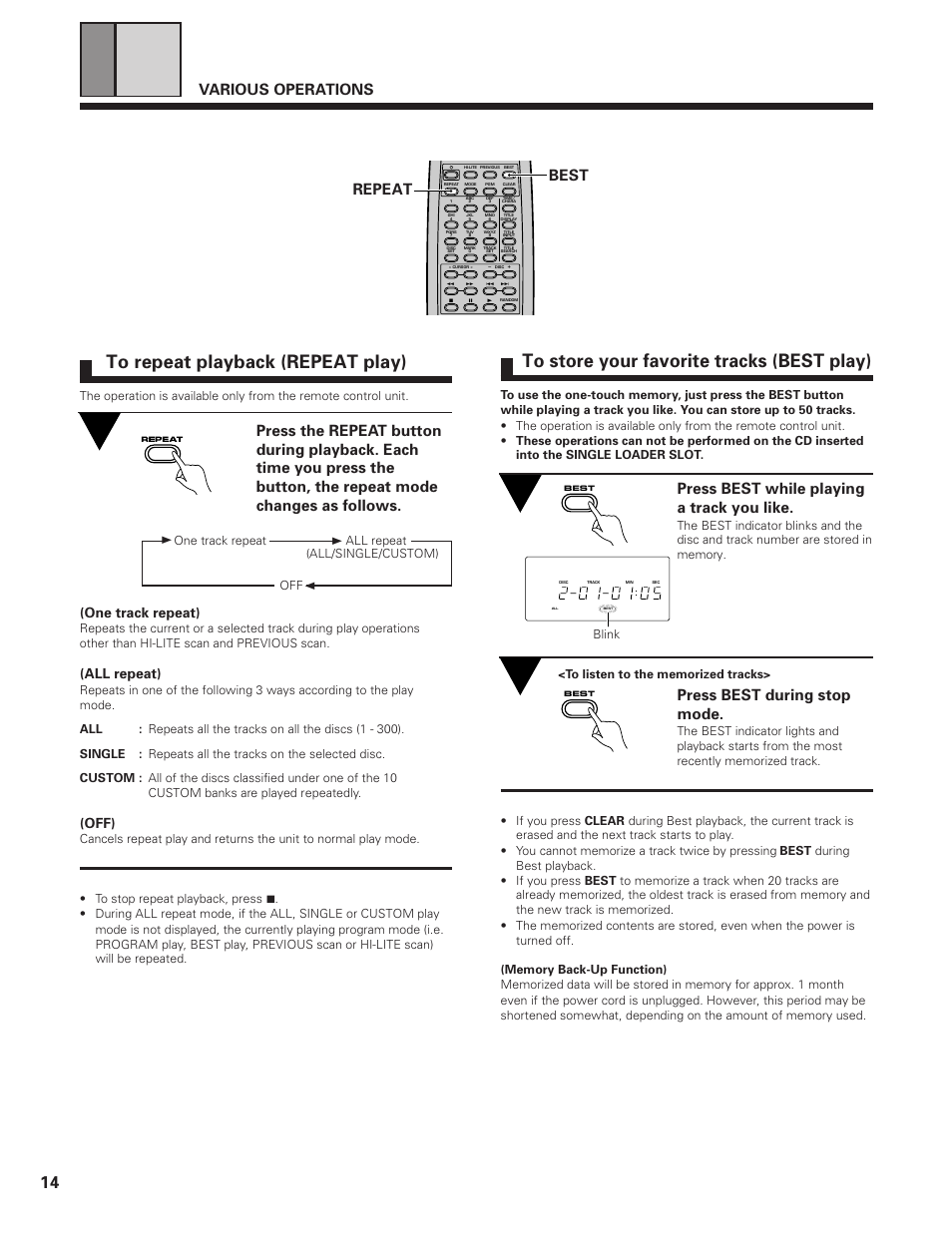 To repeat playback to store your favorite tracks, Various operations, Repeat | Press best while playing a track you like, Press best during stop mode, Best, One track repeat), All repeat), Off) | Pioneer PD-F19PD-F27 User Manual | Page 14 / 28