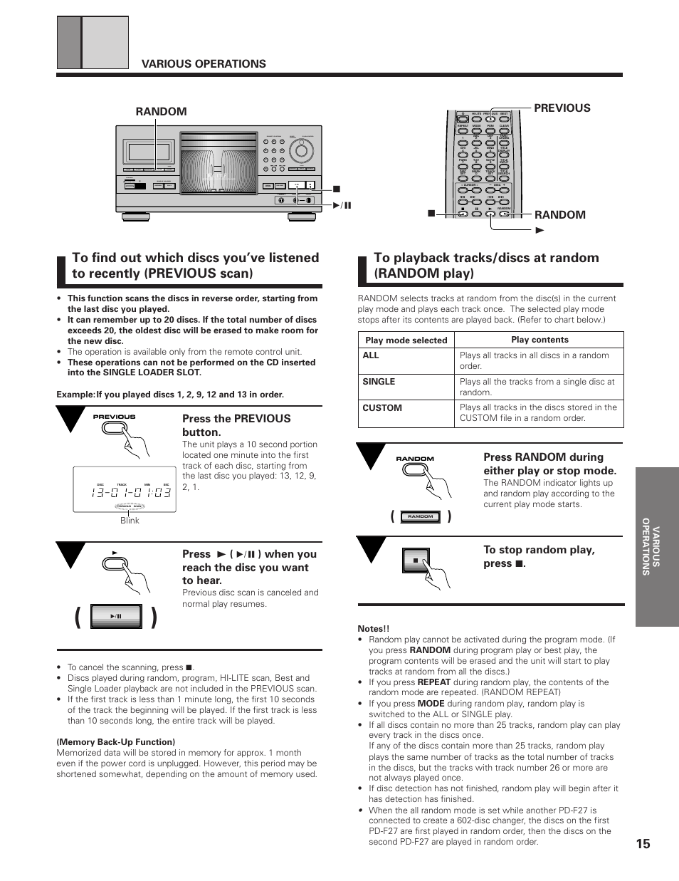 Press random during either play or stop mode, Press the previous button, 37 previous | Various operations, Random, Mode disc/ chara direct custom push enter, Clear program random chara time, Title search input display, Phones level min max keybord input | Pioneer PD-F19PD-F27 User Manual | Page 15 / 28
