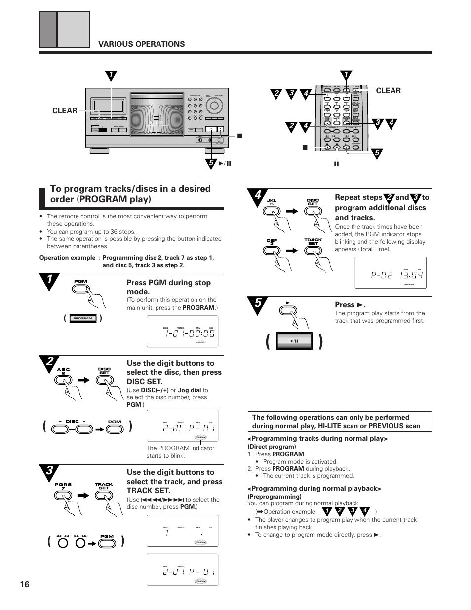 To program tracks/discs in a desired order, Press pgm during stop mode, Various operations | Clear 7 clear, Press 3, Programming during normal playback, Mode disc/ chara direct custom push enter, Clear program random chara time, Title search input display, Phones level min max keybord input | Pioneer PD-F19PD-F27 User Manual | Page 16 / 28