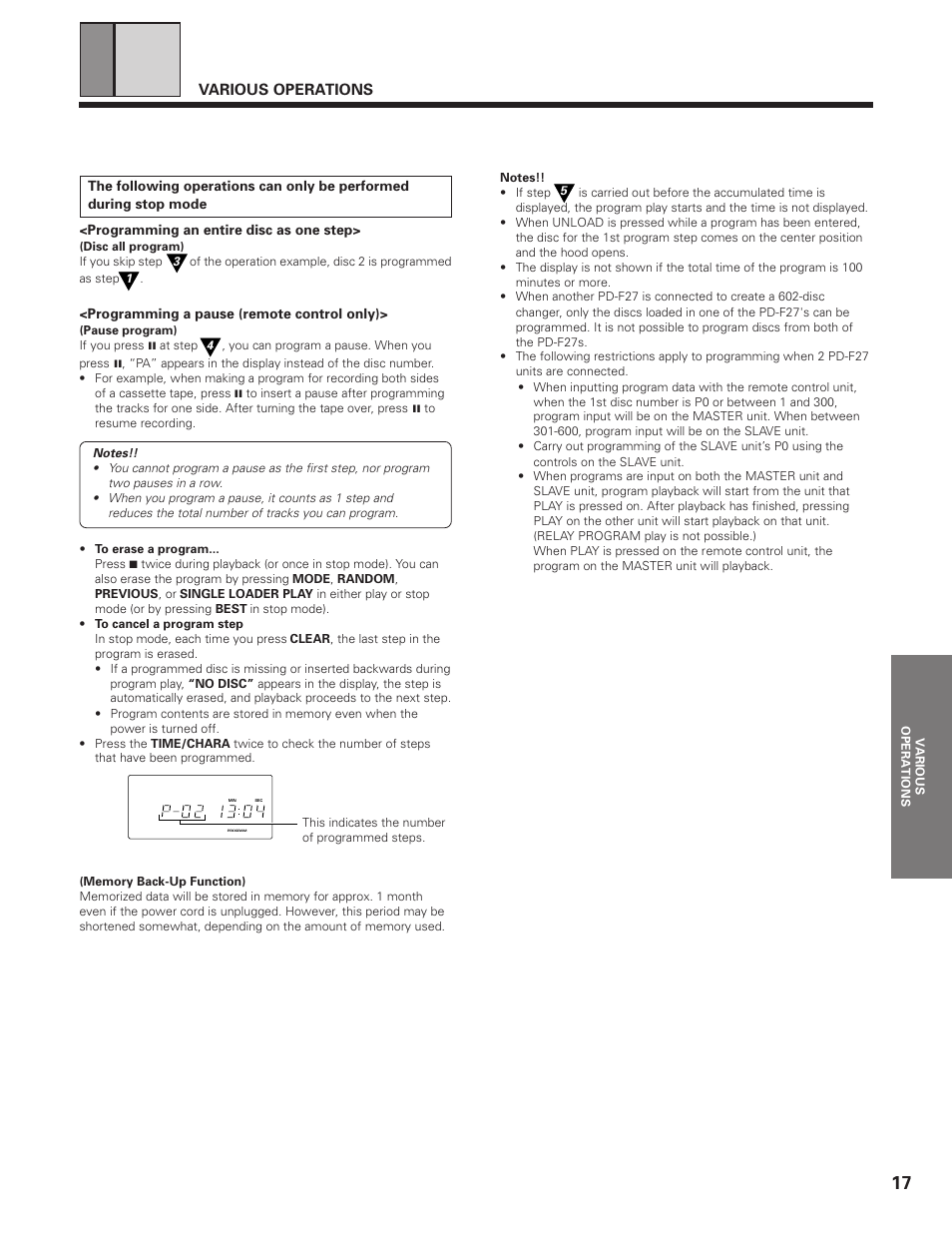 Various operations | Pioneer PD-F19PD-F27 User Manual | Page 17 / 28