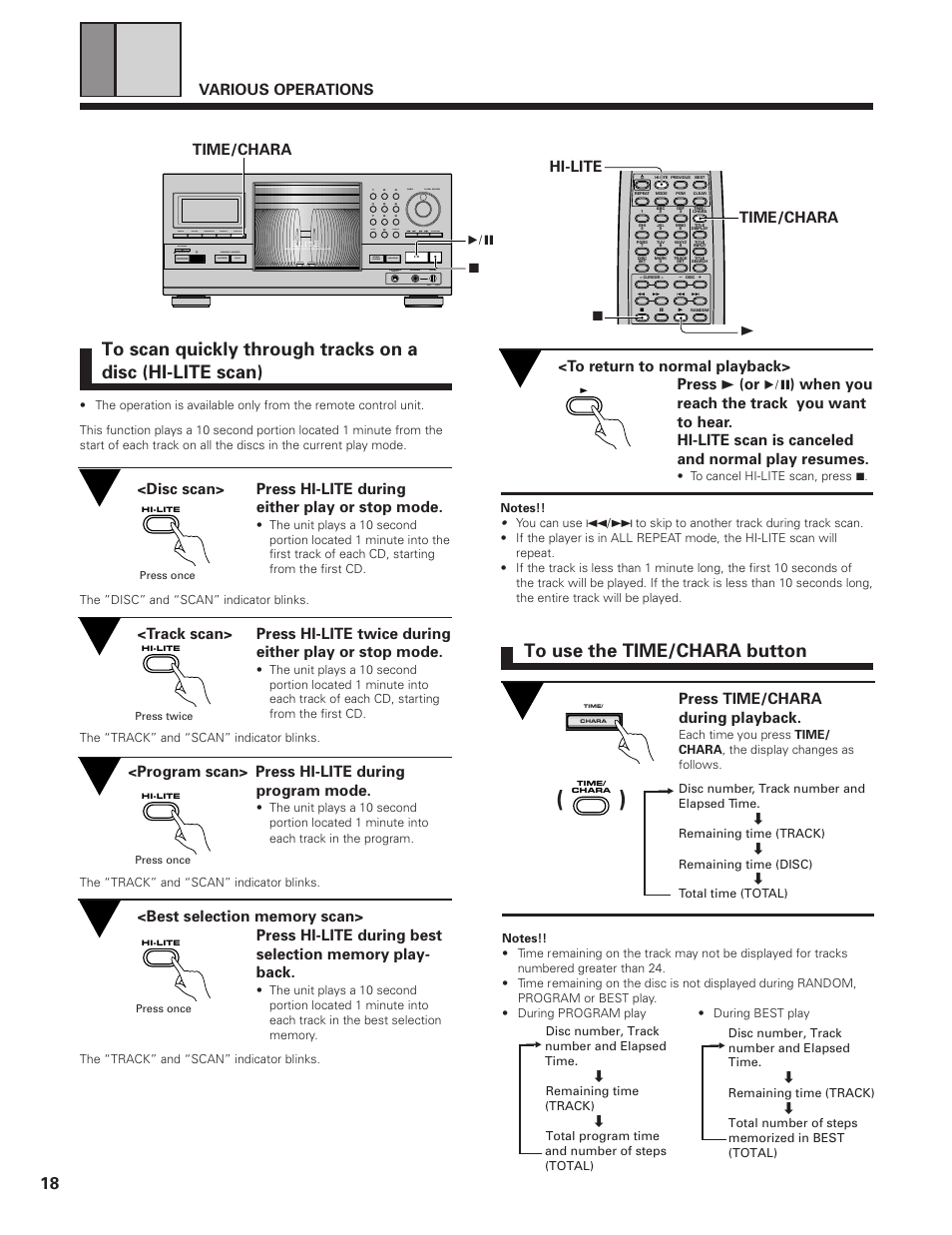 Various operations, Time/chara, Program scan> press hi-lite during program mode | Hi-lite 3, Press time/chara during playback, Clear program repeat display, Track disc phones level min max keybord input | Pioneer PD-F19PD-F27 User Manual | Page 18 / 28