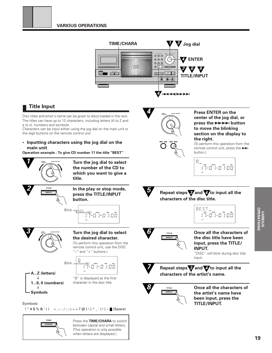 Title input, Various operations, Turn the jog dial to select the desired character | Pioneer PD-F19PD-F27 User Manual | Page 19 / 28