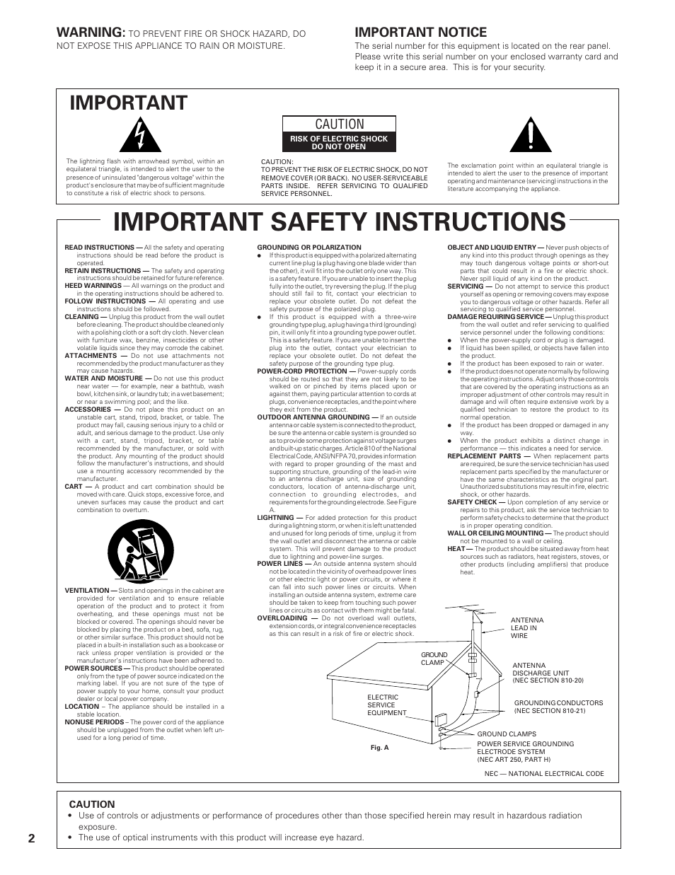 Important safety instructions, Important, Warning | Important notice, Caution | Pioneer PD-F19PD-F27 User Manual | Page 2 / 28