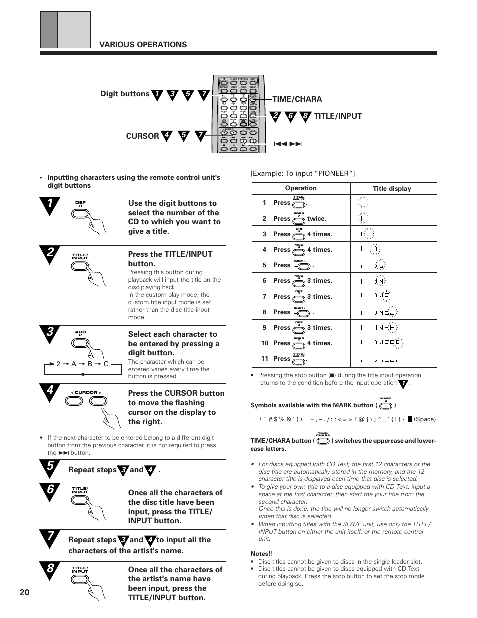 Various operations, Title/input time/chara 4 ¢ cursor digit buttons, Example: to input ”pioneer | 2= a = b = c, Title display operation 1 press, 2 press, Twice. 3 press, 4 times. 4 press, 4 times. 5 press . 6 press, 3 times. 7 press | Pioneer PD-F19PD-F27 User Manual | Page 20 / 28