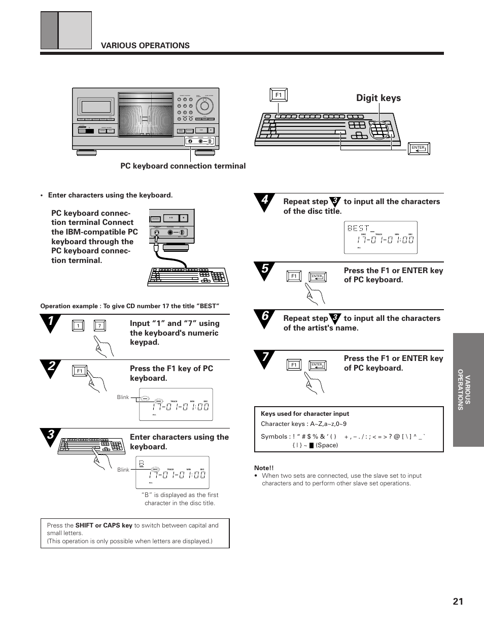 Digit keys, Various operations, Pc keyboard connection terminal | Enter characters using the keyboard, Min max, Mode disc/ chara direct custom push enter, Clear program random chara time, Title search input display | Pioneer PD-F19PD-F27 User Manual | Page 21 / 28