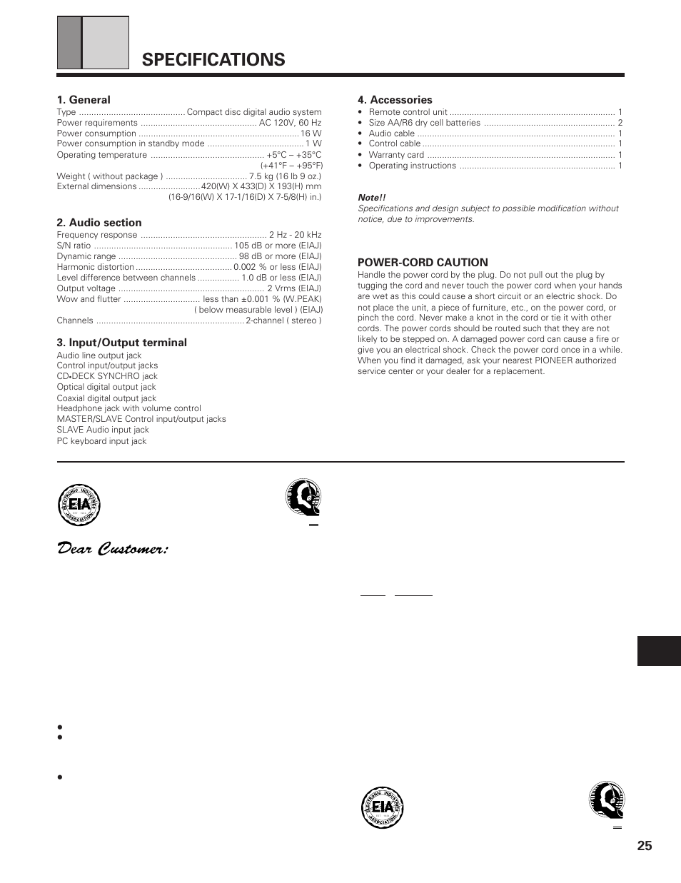 Specifications, We want you listening for a lifetime, Accessories | Power-cord caution, General, Input/output terminal | Pioneer PD-F19PD-F27 User Manual | Page 25 / 28