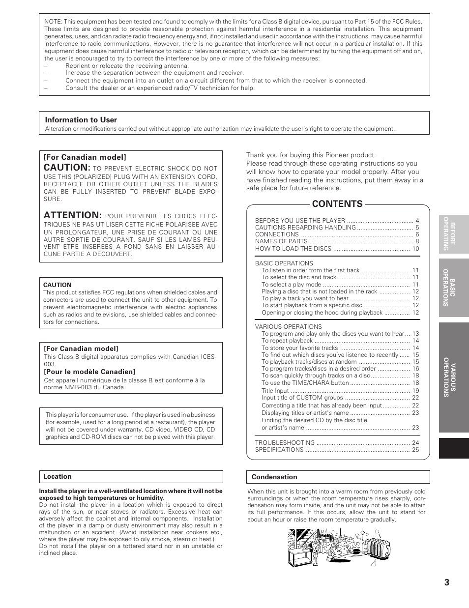 3contents, Caution, Attention | Pioneer PD-F19PD-F27 User Manual | Page 3 / 28