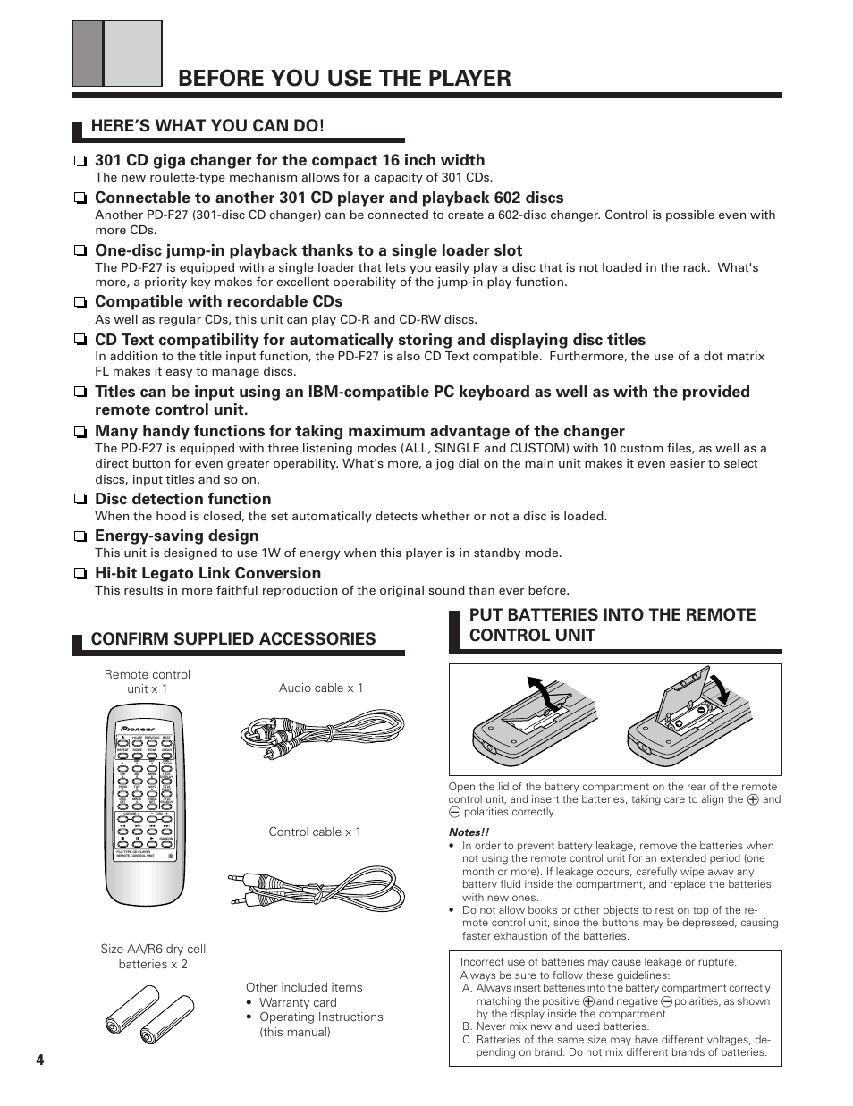 Before you use the player, Here’s what you can do, Confirm supplied accessories | Put batteries into the remote control unit, Compatible with recordable cds, Disc detection function, Energy-saving design, Hi-bit legato link conversion | Pioneer PD-F19PD-F27 User Manual | Page 4 / 28