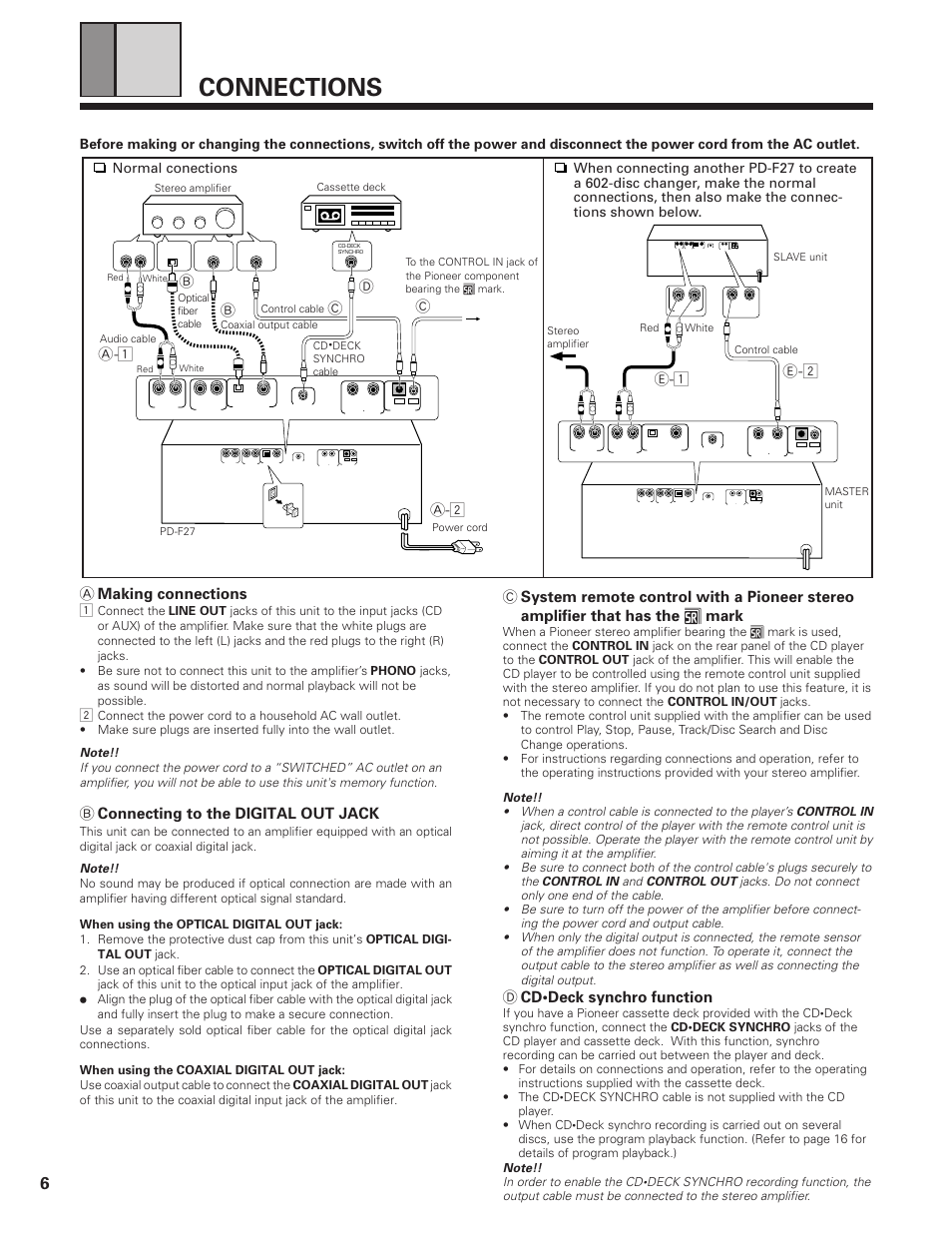 Connections, A making connections, B connecting to the digital out jack | D cd•deck synchro function, A-1 b, E-2 e-1, Cd-deck synchro, Optical coaxial digital out | Pioneer PD-F19PD-F27 User Manual | Page 6 / 28