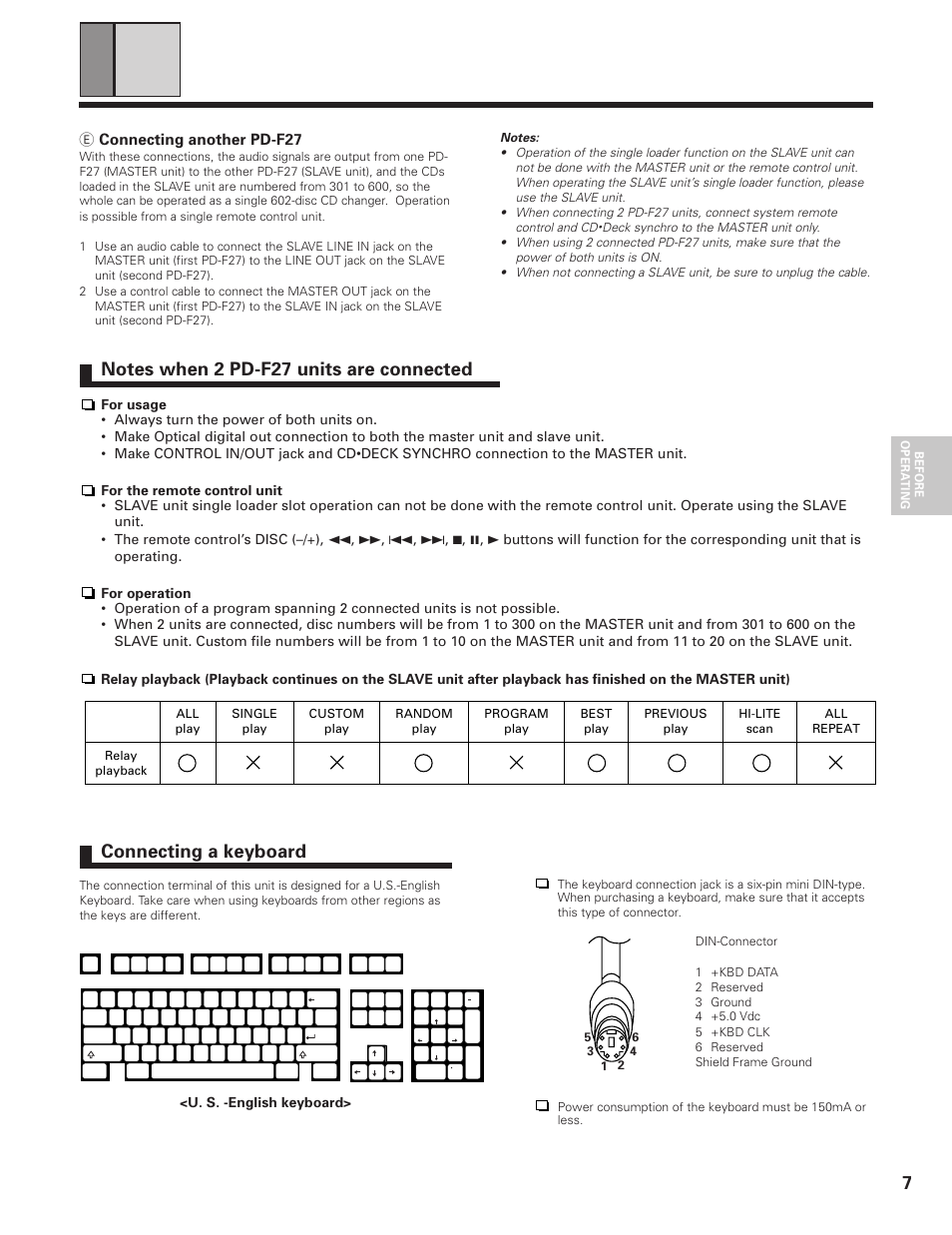 Connecting a keyboard, E connecting another pd-f27, U. s. -english keyboard | Pioneer PD-F19PD-F27 User Manual | Page 7 / 28