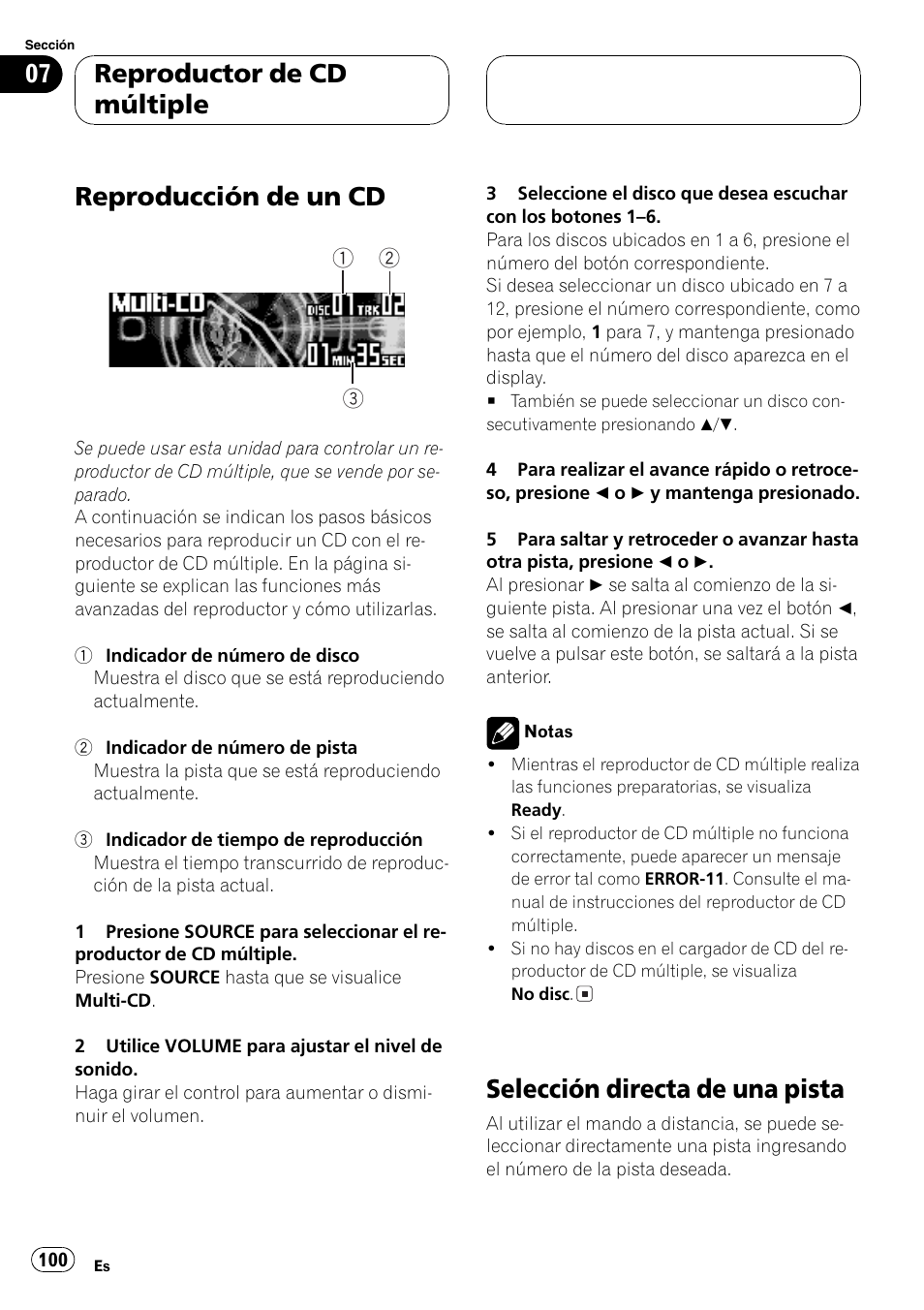 Reproductor de cd múltiple, Reproducción de un cd 100, Selección directa de una pista 100 | Reproducción de un cd, Selección directa de una pista | Pioneer DEH-P9650MP User Manual | Page 100 / 221