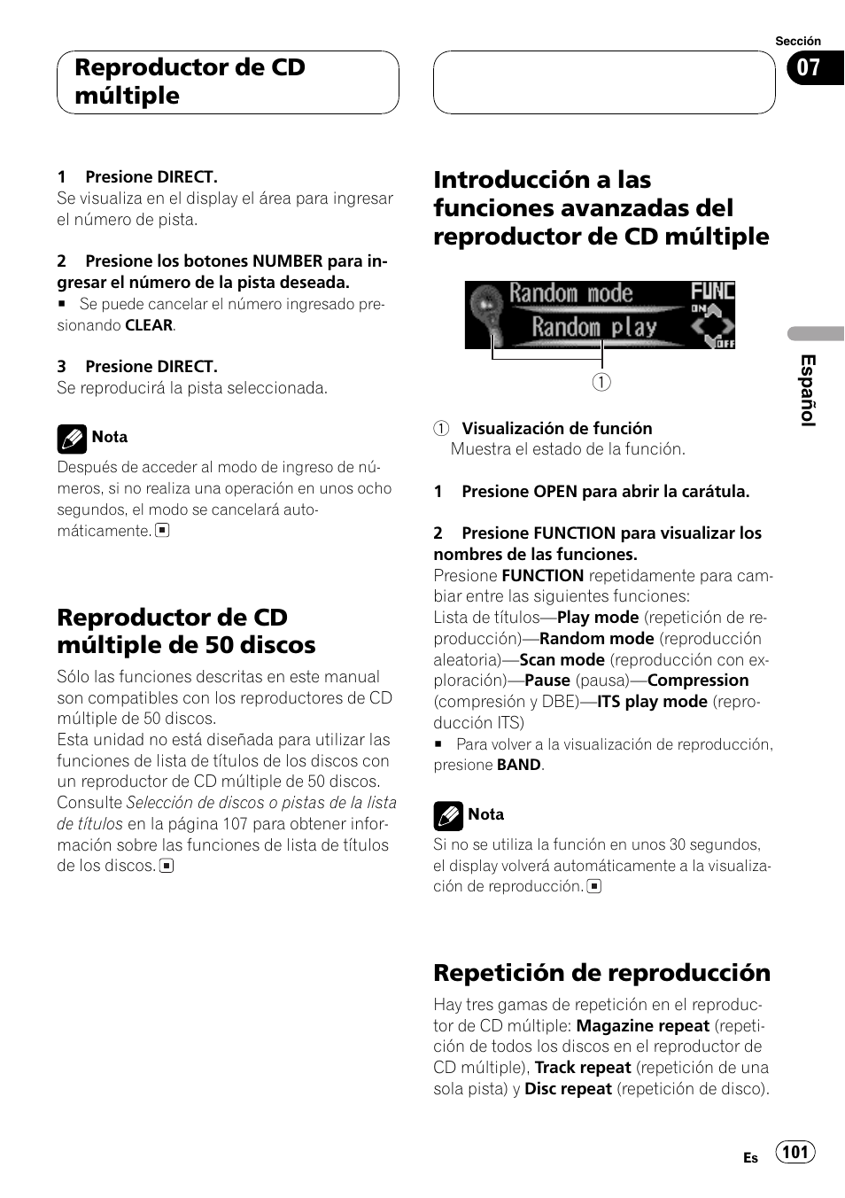 Reproductor de cd múltiple de 50, Discos 101, Introducción a las funciones avanzadas del | Reproductor de cd múltiple 101, Repetición de reproducción 101, Reproductor de cd múltiple de 50 discos, Repetición de reproducción, Reproductor de cd múltiple | Pioneer DEH-P9650MP User Manual | Page 101 / 221