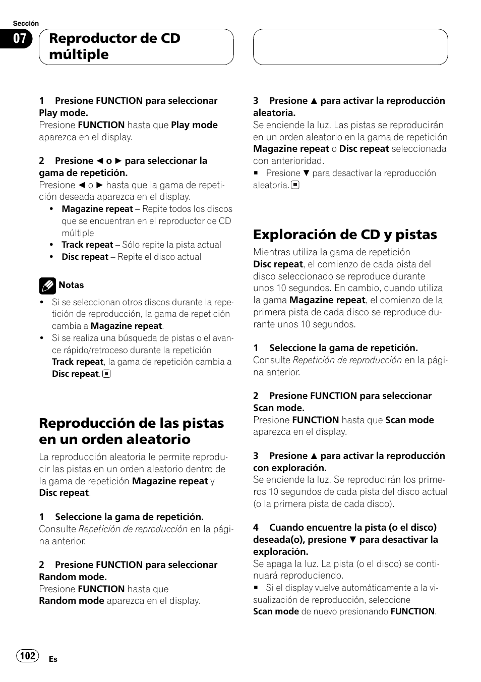 Reproducción de las pistas en un orden, Aleatorio 102, Exploración de cd y pistas 102 | Reproducción de las pistas en un orden aleatorio, Exploración de cd y pistas, Reproductor de cd múltiple | Pioneer DEH-P9650MP User Manual | Page 102 / 221