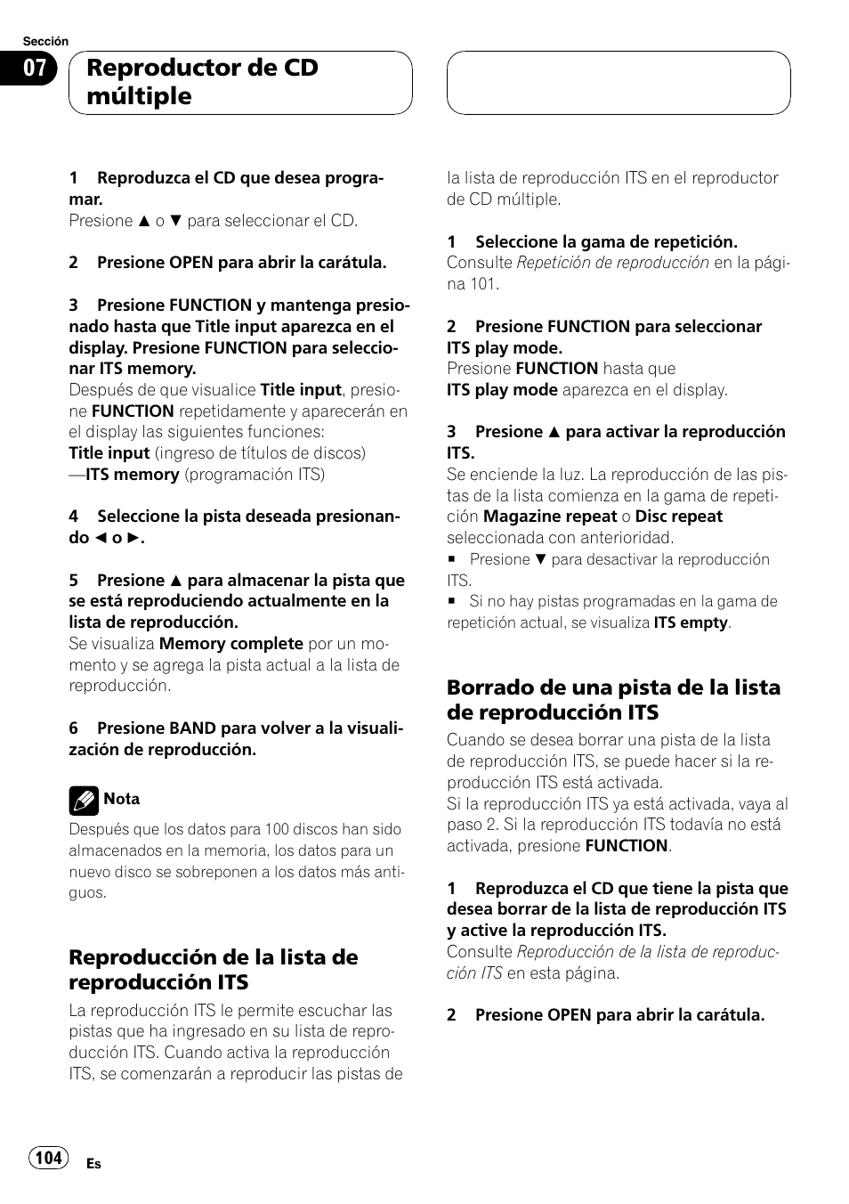Reproducción de la lista de, Reproducción its 104, Borrado de una pista de la lista de | Reproductor de cd múltiple, Reproducción de la lista de reproducción its | Pioneer DEH-P9650MP User Manual | Page 104 / 221