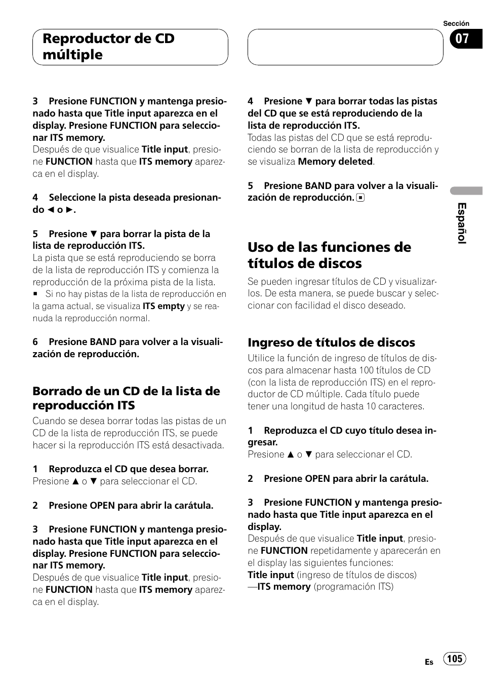 Borrado de un cd de la lista de, Reproducción its 105, Uso de las funciones de títulos de | Discos 105, Ingreso de títulos de discos 105, Uso de las funciones de títulos de discos, Reproductor de cd múltiple | Pioneer DEH-P9650MP User Manual | Page 105 / 221