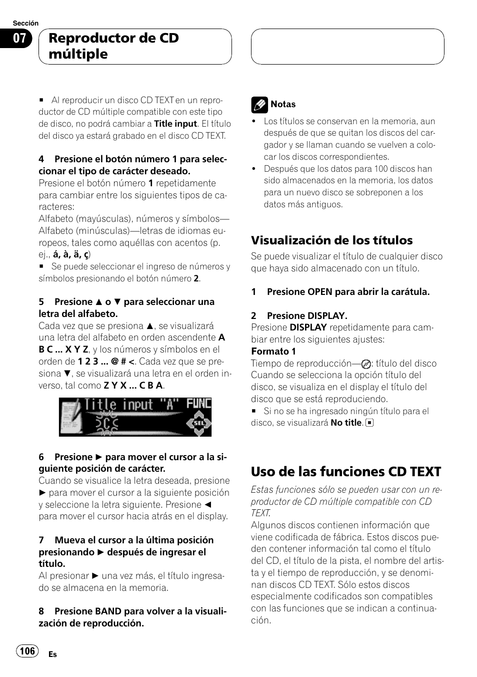Visualización de los títulos 106, Uso de las funciones cd text 106, Uso de las funciones cd text | Reproductor de cd múltiple, Visualización de los títulos | Pioneer DEH-P9650MP User Manual | Page 106 / 221