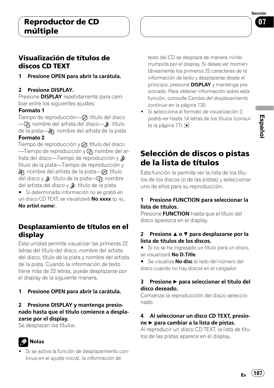 Visualización de títulos de discos cd, Text 107, Desplazamiento de títulos en el | Display 107, Selección de discos o pistas de la lista de, Títulos 107, Reproductor de cd múltiple | Pioneer DEH-P9650MP User Manual | Page 107 / 221