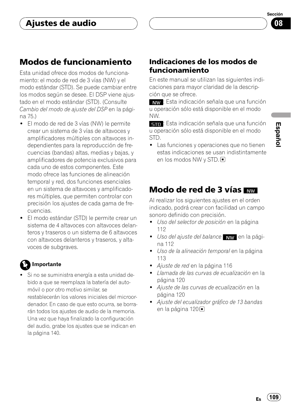 Ajustes de audio, Modos de funcionamiento 109, Indicaciones de los modos de | Funcionamiento 109, Modo de red de 3 vías, Modos de funcionamiento, Indicaciones de los modos de funcionamiento | Pioneer DEH-P9650MP User Manual | Page 109 / 221