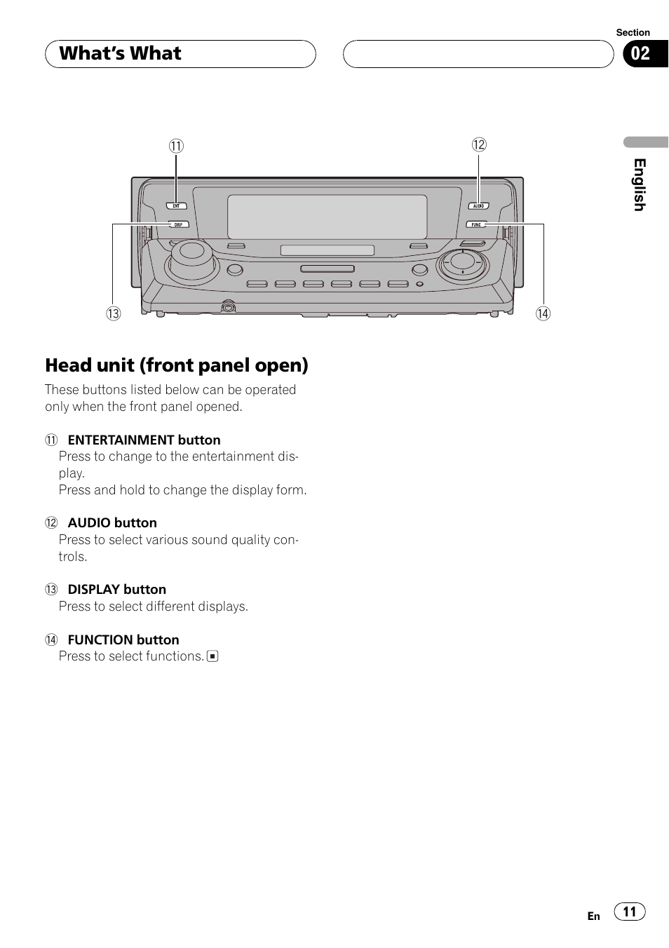 Head unit (front panel open) 11, Head unit (front panel open), Whats what | Pioneer DEH-P9650MP User Manual | Page 11 / 221