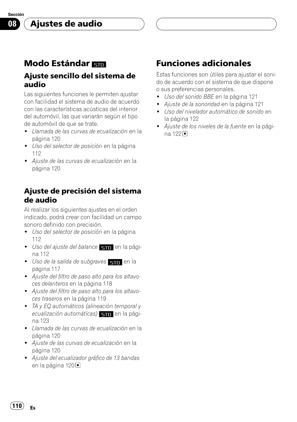 Modo estándar, Ajuste sencillo del sistema de, Audio 110 | Ajuste de precisión del sistema de, Funciones adicionales 110, Funciones adicionales, Ajustes de audio | Pioneer DEH-P9650MP User Manual | Page 110 / 221