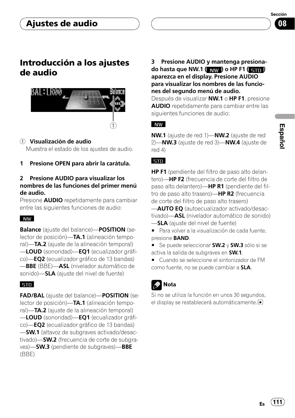 Introducción a los ajustes de audio 111, Introducción a los ajustes de audio, Ajustes de audio | Pioneer DEH-P9650MP User Manual | Page 111 / 221