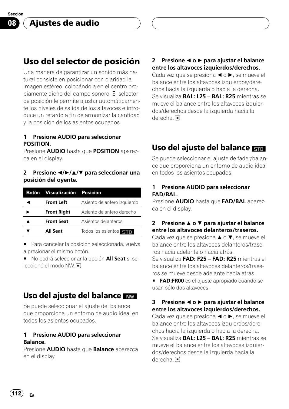 Uso del selector de posición 112, Uso del ajuste del balance, En la pági | Na 112, Uso del selector de posición, Ajustes de audio | Pioneer DEH-P9650MP User Manual | Page 112 / 221