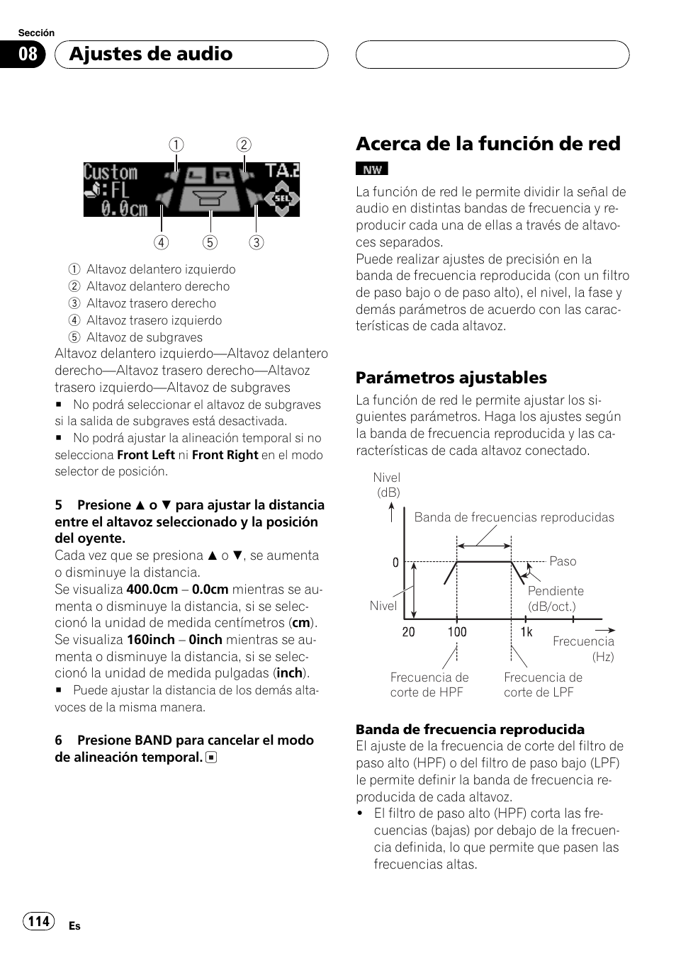 Acerca de la función de red, Parámetros ajustables 114, Ajustes de audio | Parámetros ajustables | Pioneer DEH-P9650MP User Manual | Page 114 / 221