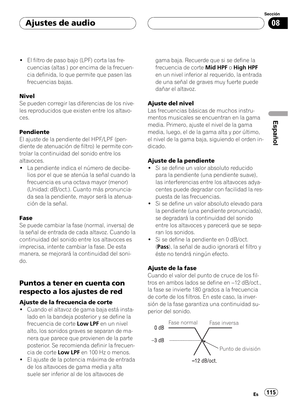 Puntos a tener en cuenta con, Respecto a los ajustes de red 115, Ajustes de audio | Pioneer DEH-P9650MP User Manual | Page 115 / 221