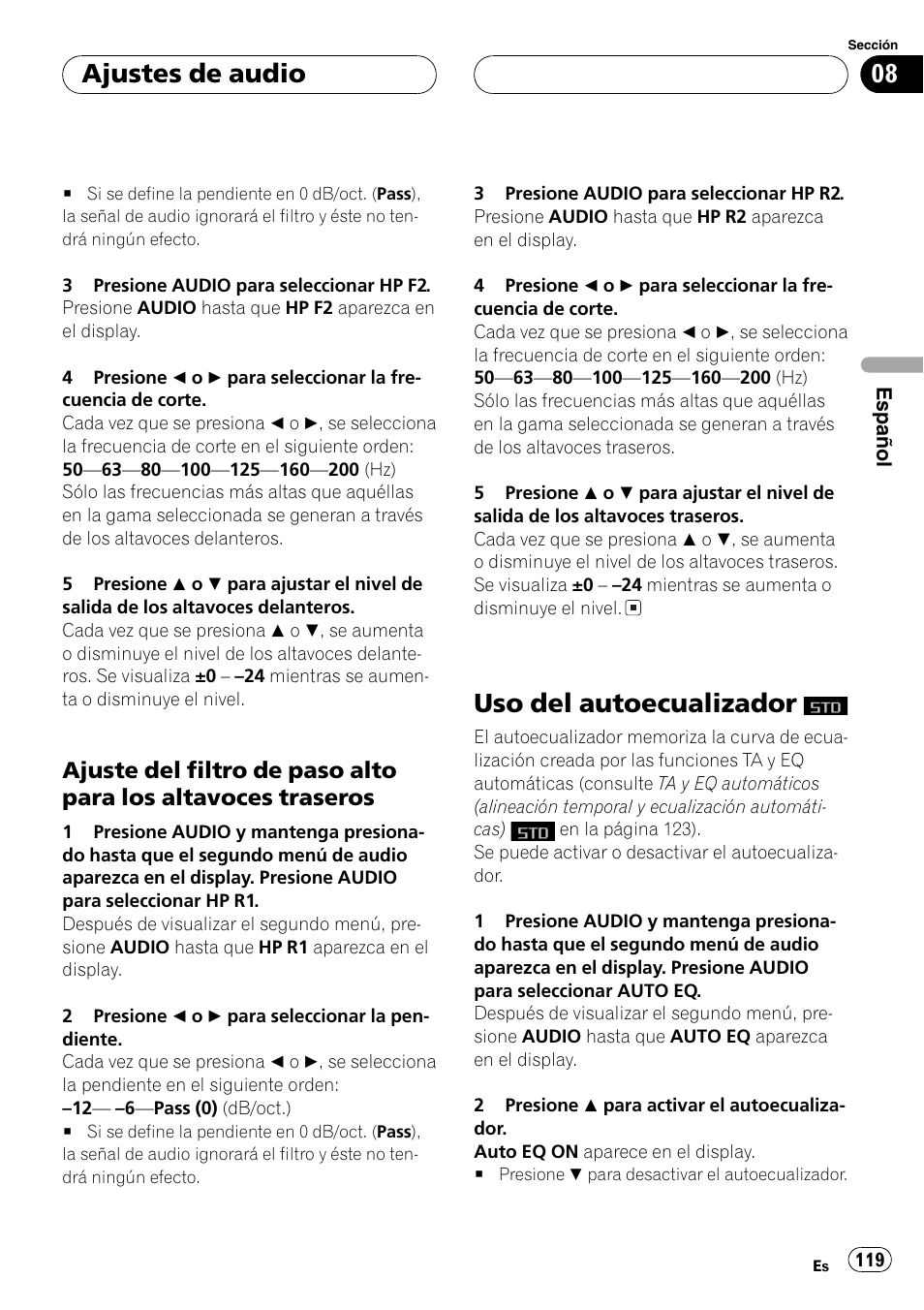 Ajuste del filtro de paso alto para los, Altavoces traseros 119, Uso del autoecualizador | Ajuste del filtro de paso alto para los altavo, Ajustes de audio | Pioneer DEH-P9650MP User Manual | Page 119 / 221