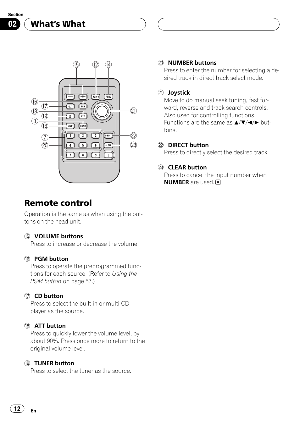 Remote control 12, Remote control, Whats what | Pioneer DEH-P9650MP User Manual | Page 12 / 221