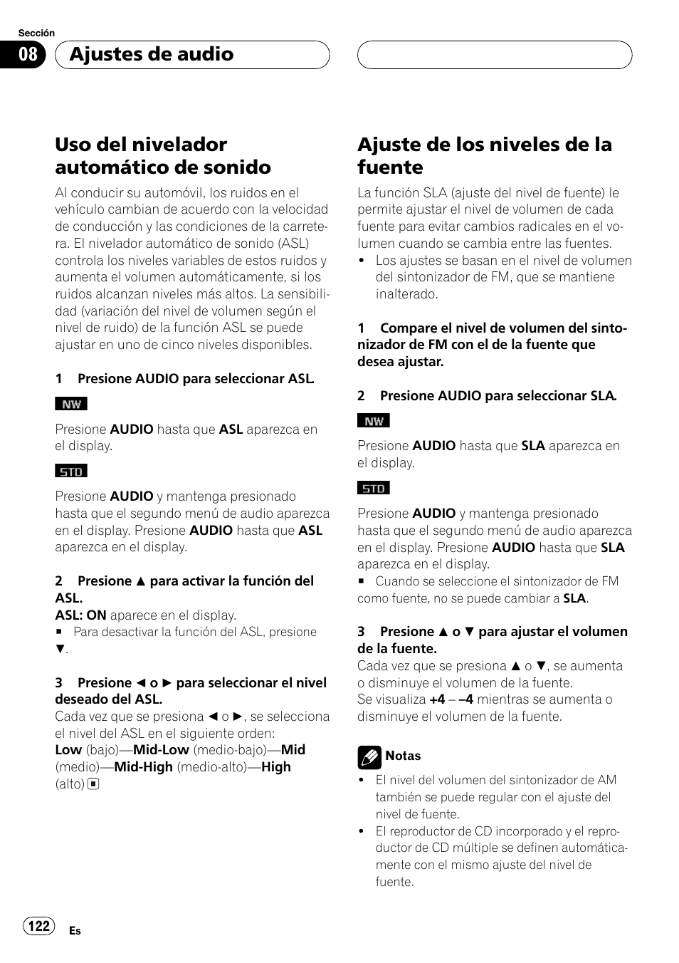 Uso del nivelador automático de sonido 122, Ajuste de los niveles de la fuente 122, Uso del nivelador automático de sonido en | Ajuste de los niveles de la fuente en la pági, Na 122, Uso del nivelador automático de sonido, Ajuste de los niveles de la fuente, Ajustes de audio | Pioneer DEH-P9650MP User Manual | Page 122 / 221