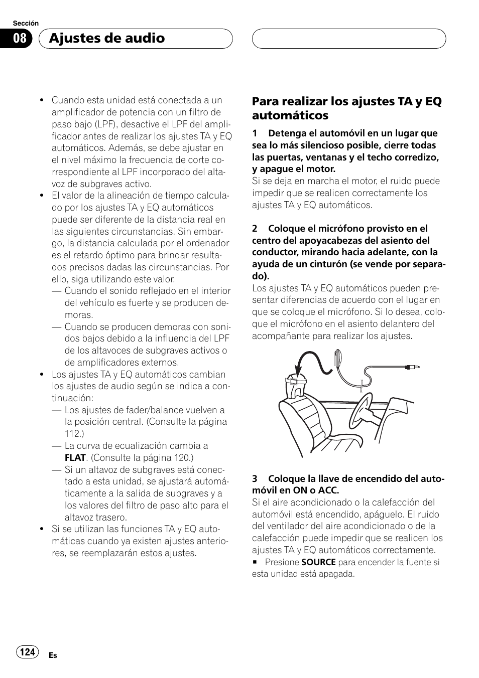 Para realizar los ajustes ta y eq, Automáticos 124, Ajustes de audio | Para realizar los ajustes ta y eq automáticos | Pioneer DEH-P9650MP User Manual | Page 124 / 221